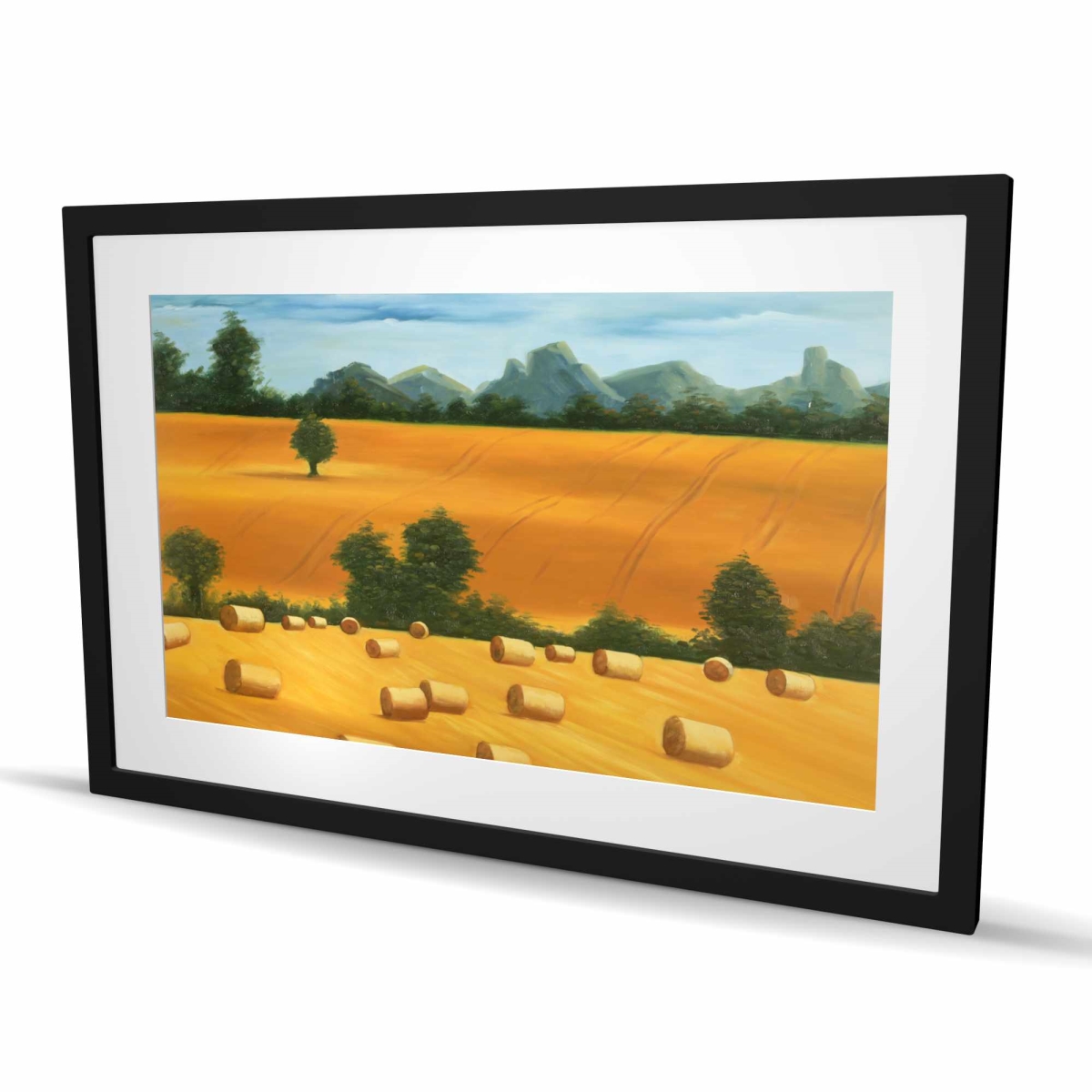 C1FM2436F354VK 24 x 36 in. Hay Bale Fields - Landscapes Mountains Framed Matted Print