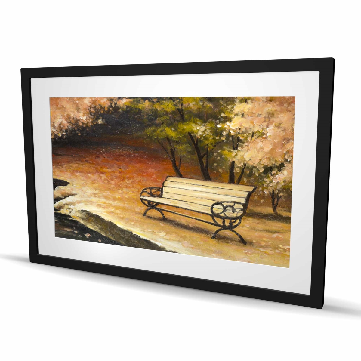 C1FM2436Y6OW2O 24 x 36 in. Park Bench by Fall - Trees Coral Framed Matted Print Decor