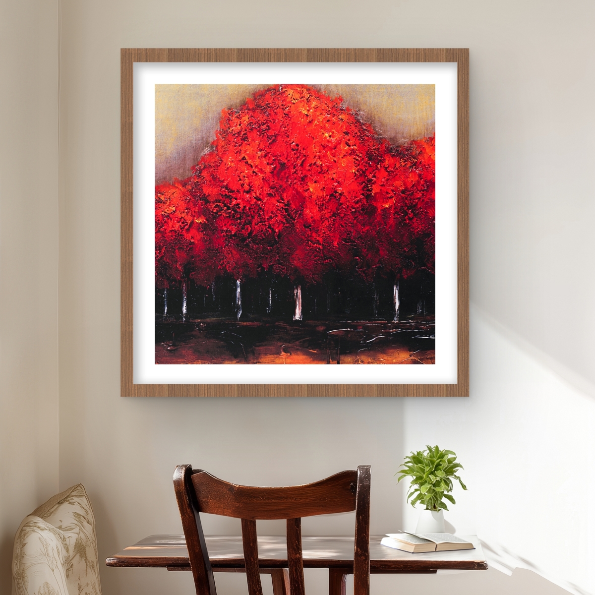 C1FM24249EBSEK 24 x 24 in. Red Dark Trees - Framed Matted Print for Home Decor
