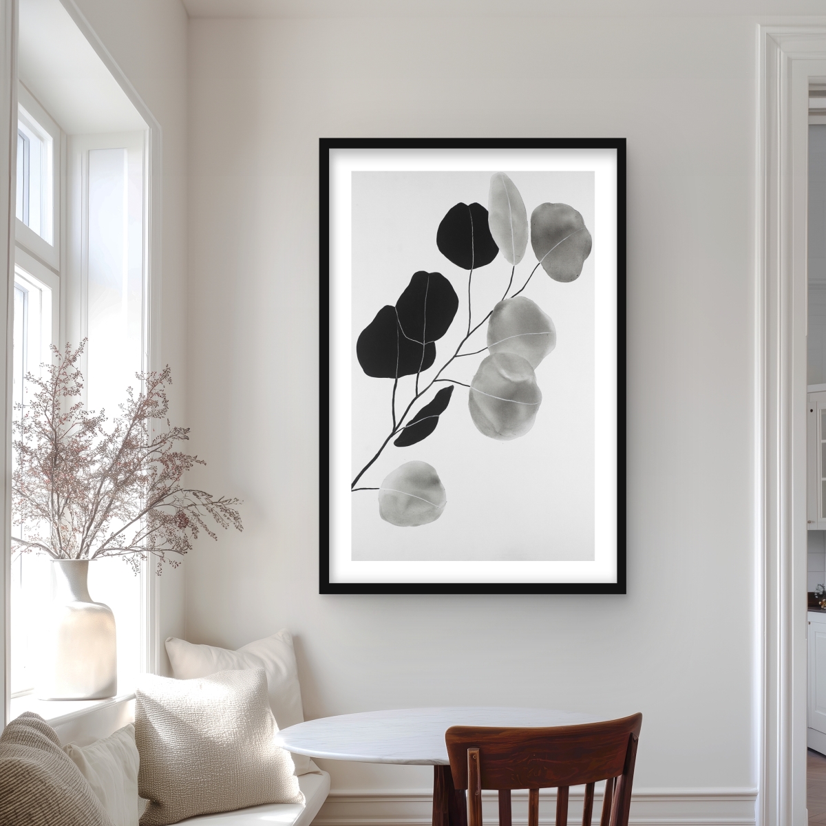 C1FM2436E3WE7J 24 x 36 in. Grayscale Branch with Round Leaves - Framed Still Life Print