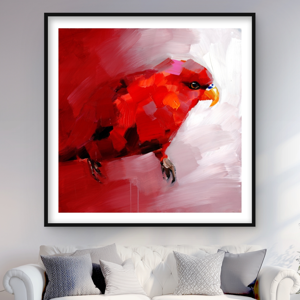 C1FM4848EIXYOV 48 x 48 in. Abstract Red Parrot - Framed Matted Print for Home Decor