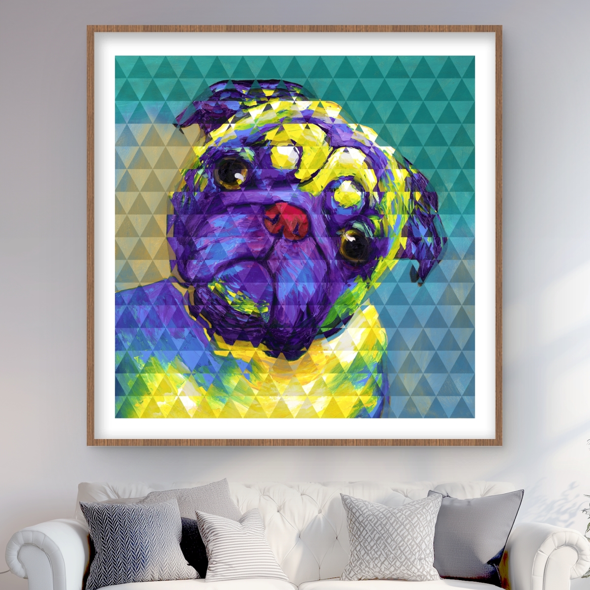 C1FM4848ELOM4T 48 x 48 in. Geometric Curious Pug - Yellow Framed Matted Print Decor