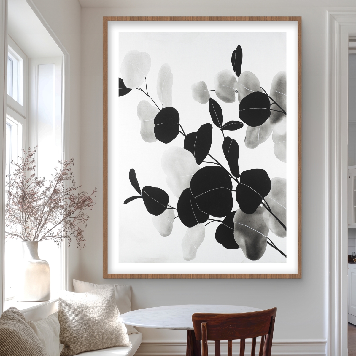 C1FM3648BCZWTL 36 x 48 in. Grayscale Branches with Leaves - White Framed Matted Print