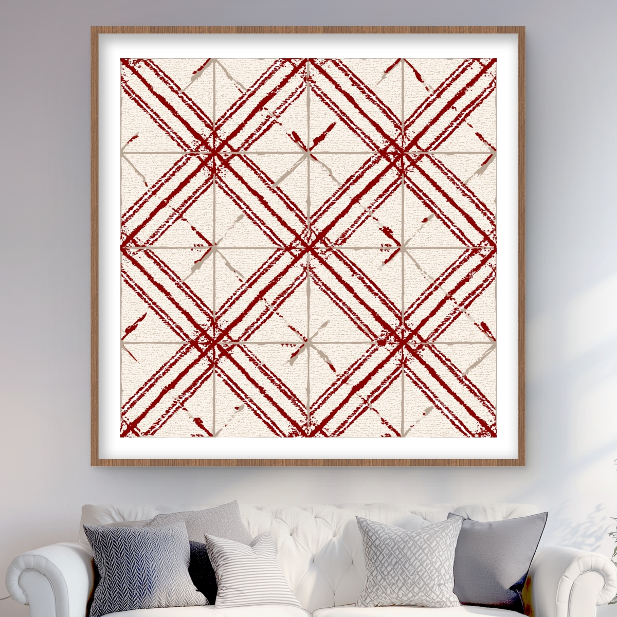 C1FM4848MO5JOI 48 x 48 in. Red Lines Pattern - Gray Framed Matted Print for Home Decor