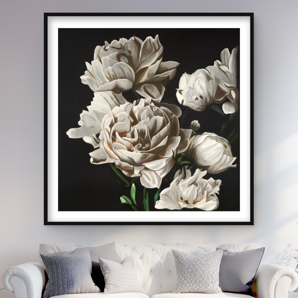 C1FM4848XBLJ8F 48 x 48 in. Beige Peonies - Floral Framed Matted Print for Home Decor