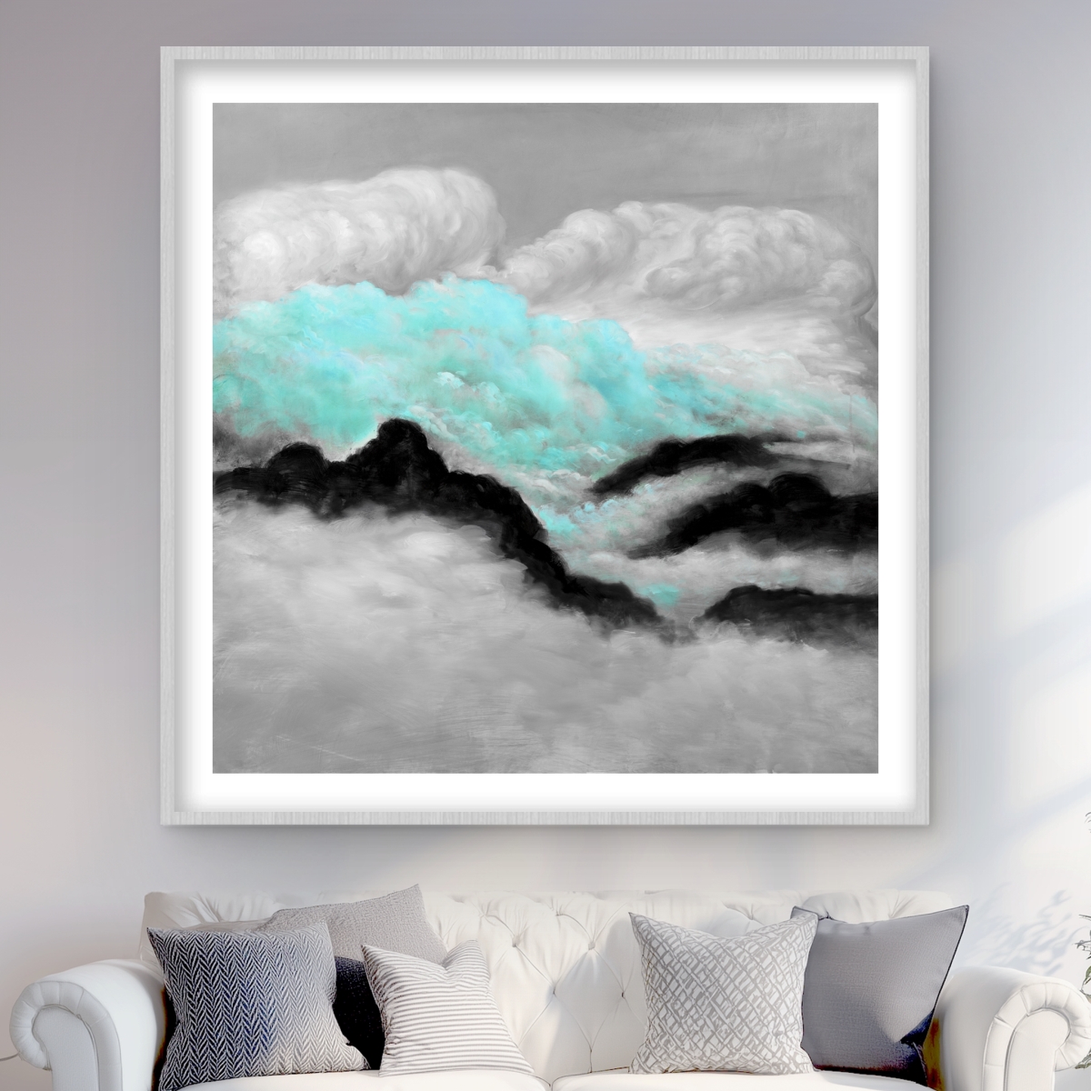 C1FM4848Y98BK7 48 x 48 in. Gray & Blue Clouds - Contemporary Framed Print for Decor