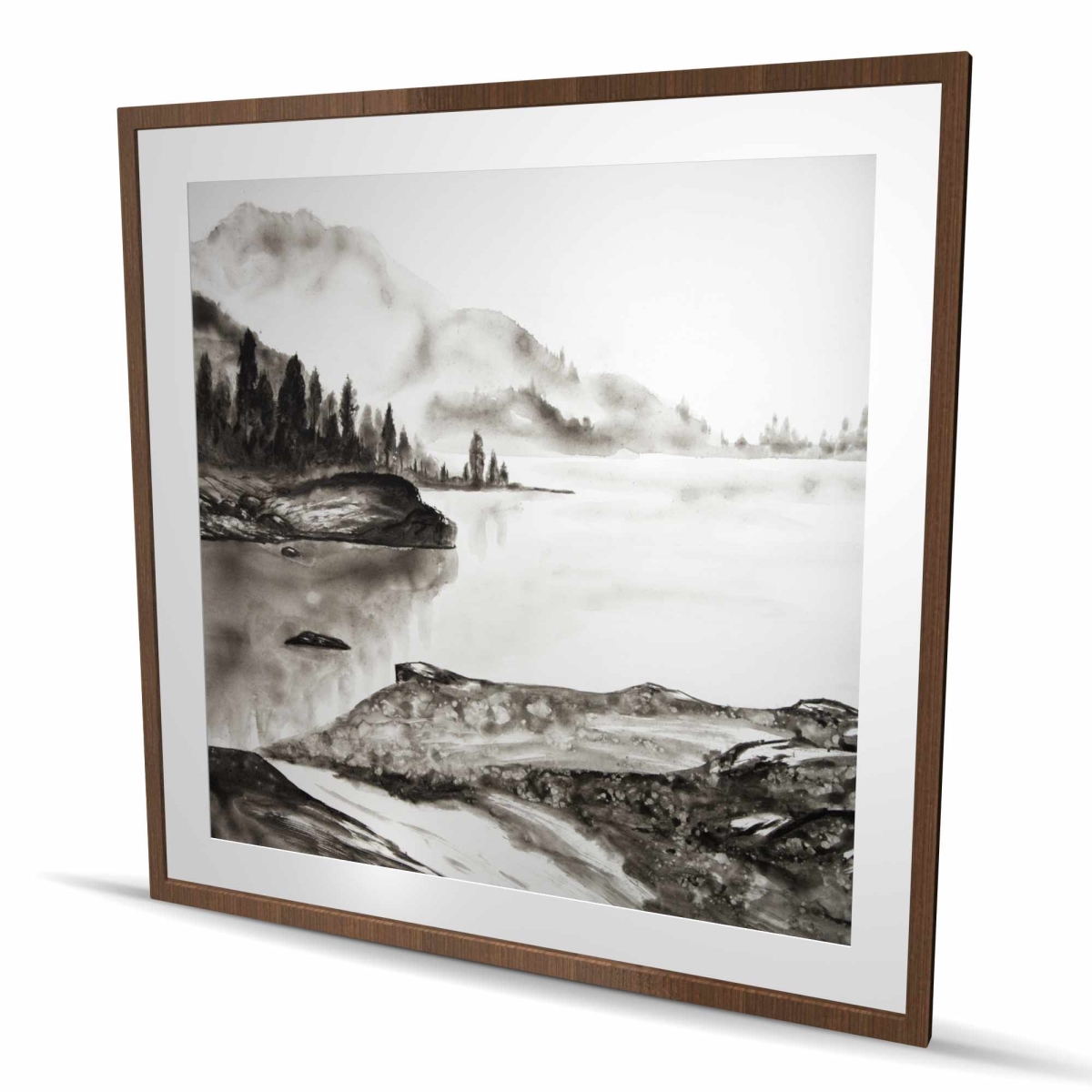 C1FM4848HV61HB 48 x 48 in. Peaceful Landscape - Black & White Framed Matted Print Decor