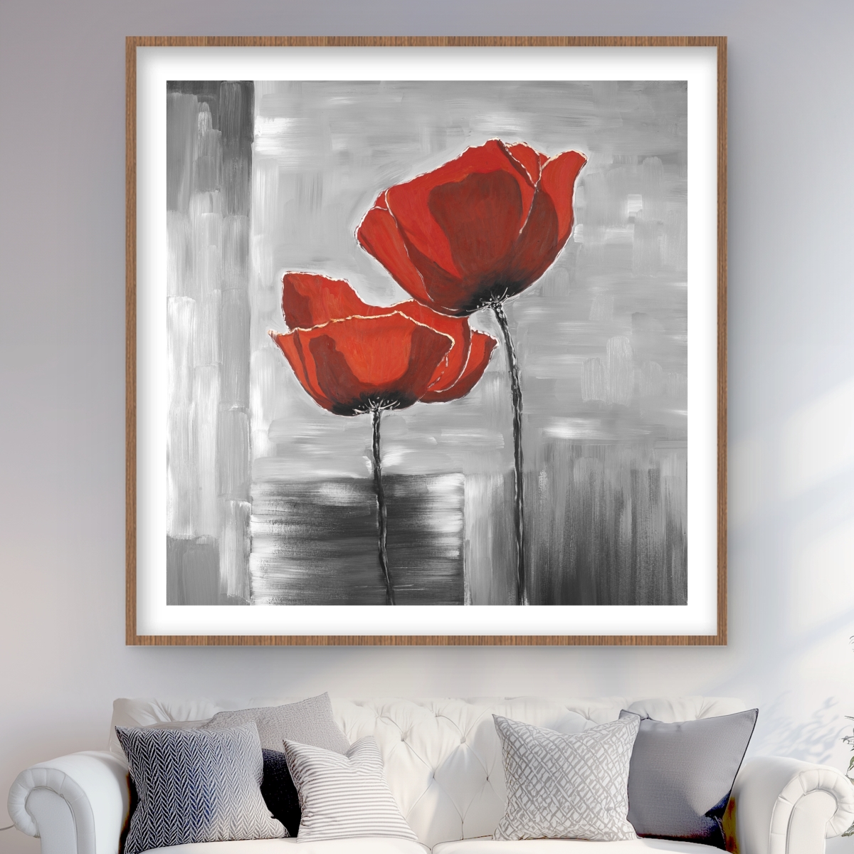C1FM4848Z8AZ77 48 x 48 in. Two Red Flowers on Grayscale Background - Framed Print Decor