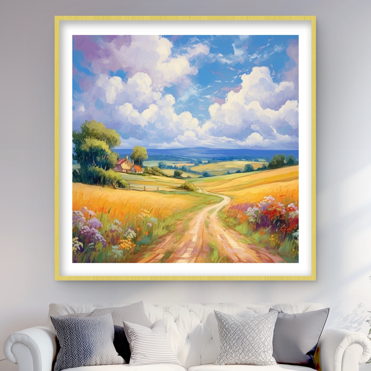 C1FM4848XVTRE2 48 x 48 in. Small Country House - Rustic Blue Framed Matted Print Decor