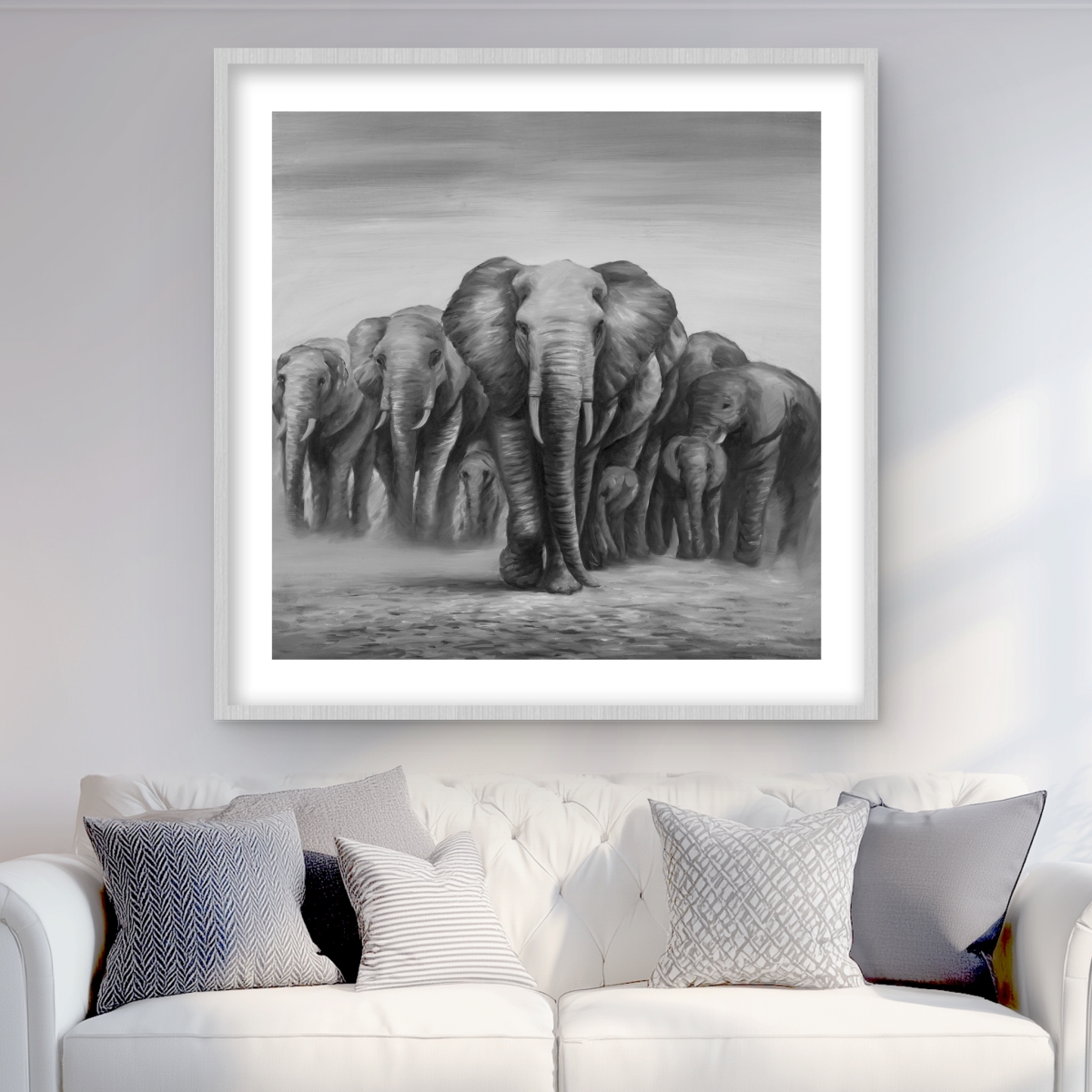 C1FM3636WHRBS8 36 x 36 in. Herd of Elephants - Black & White Framed Matted Print Decor