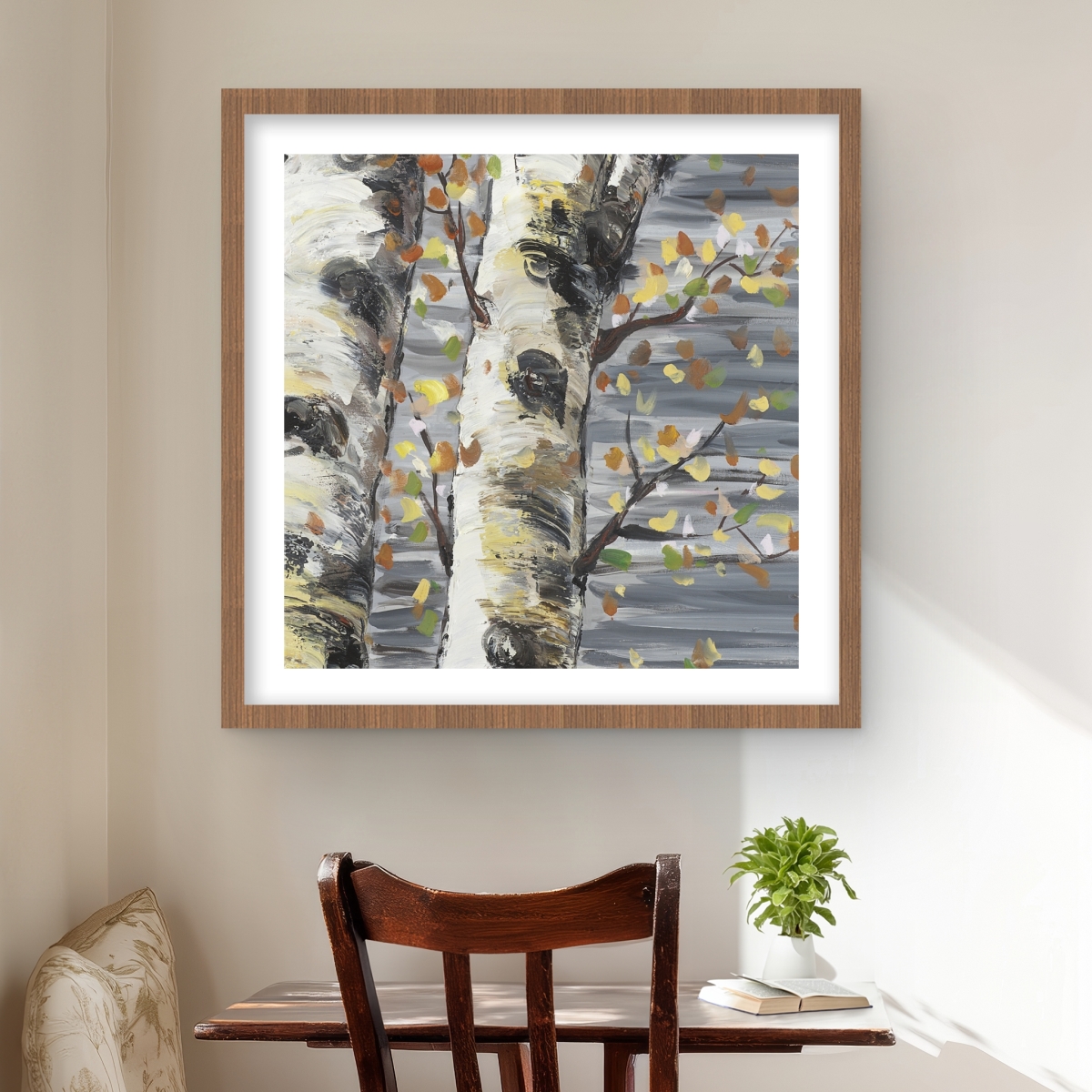 C1FM2424JX2VD7 24 x 24 in. Budding White Birches - Contemporary Trees Framed Print