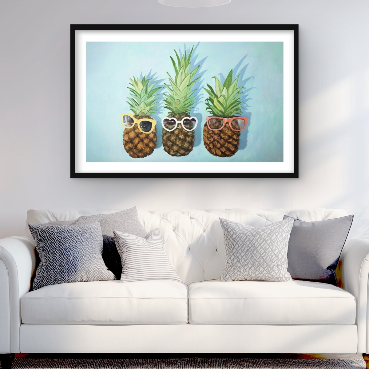 C1FM2436L2LEG5 24 x 36 in. Summer Pineapples - Turquoise Framed Matted Print for Decor