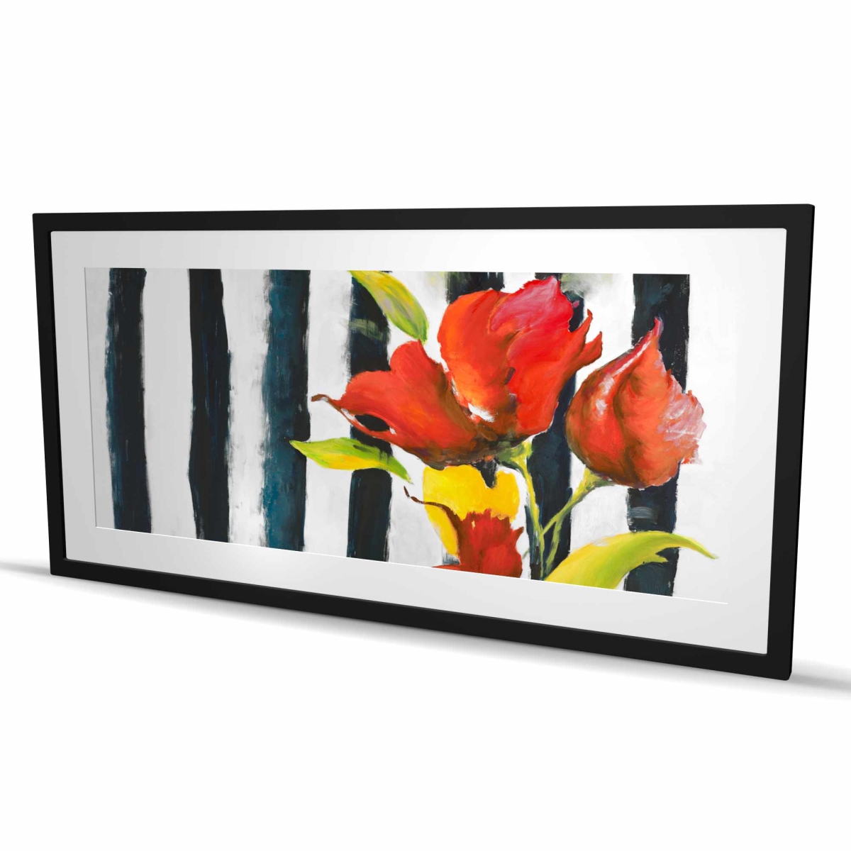 C1FM2448RBXDIV 24 x 48 in. Flowers on Black & White Stripes - Framed Matted Print