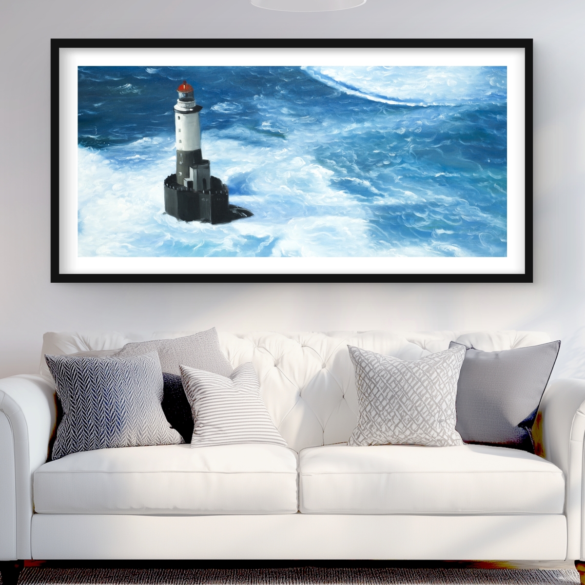 C1FM2448SKJBA9 24 x 48 in. Unleashed Waves on A Lighthouse - Coastal Bedroom Print