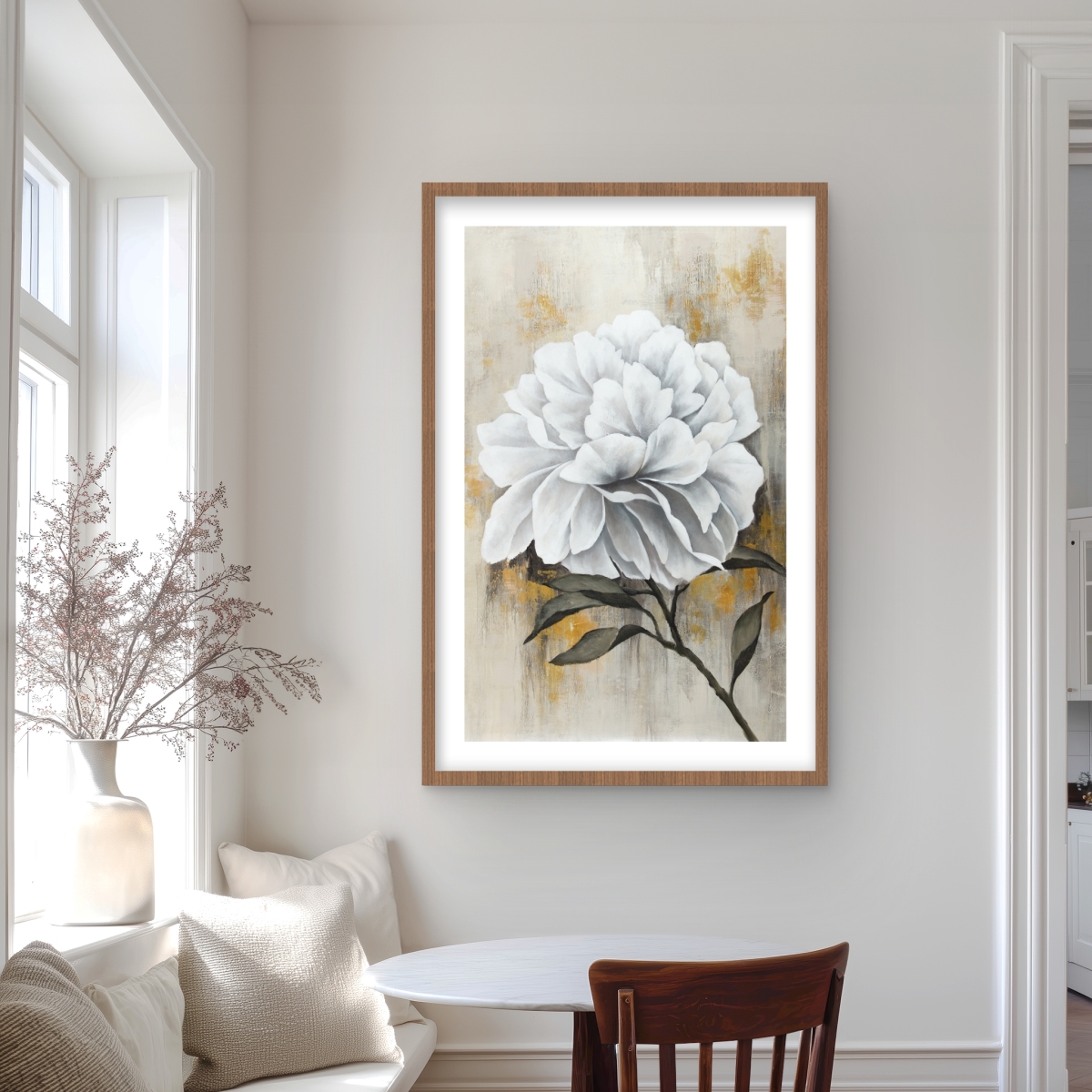 C1FM2436LDOBFS 24 x 36 in. White Peony Rustic Leaves Framed Matted Print - Home Decor