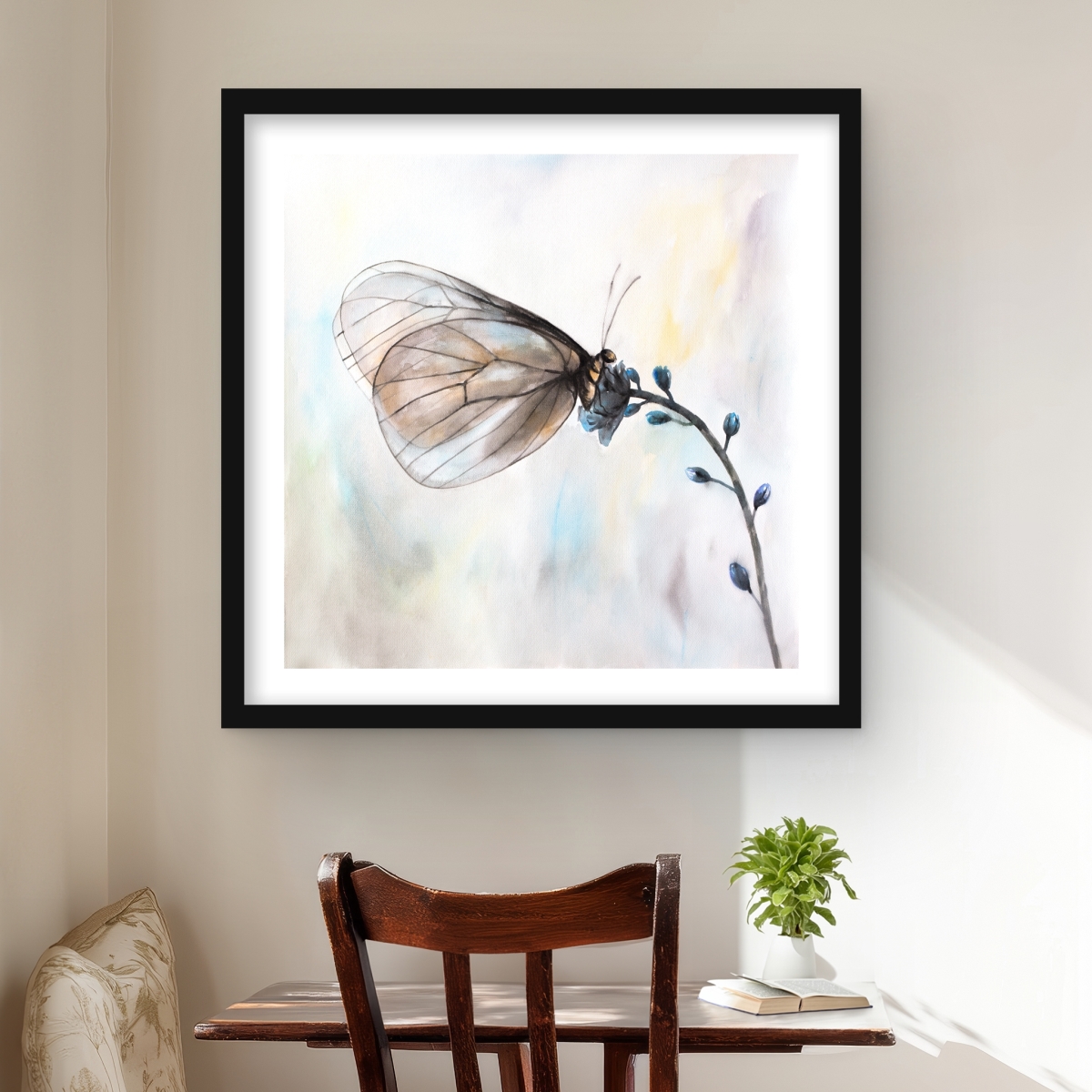 C1FM24248T90LI 24 x 24 in. Butterfly on Blue Flowers - Livingroom Insect Framed Print