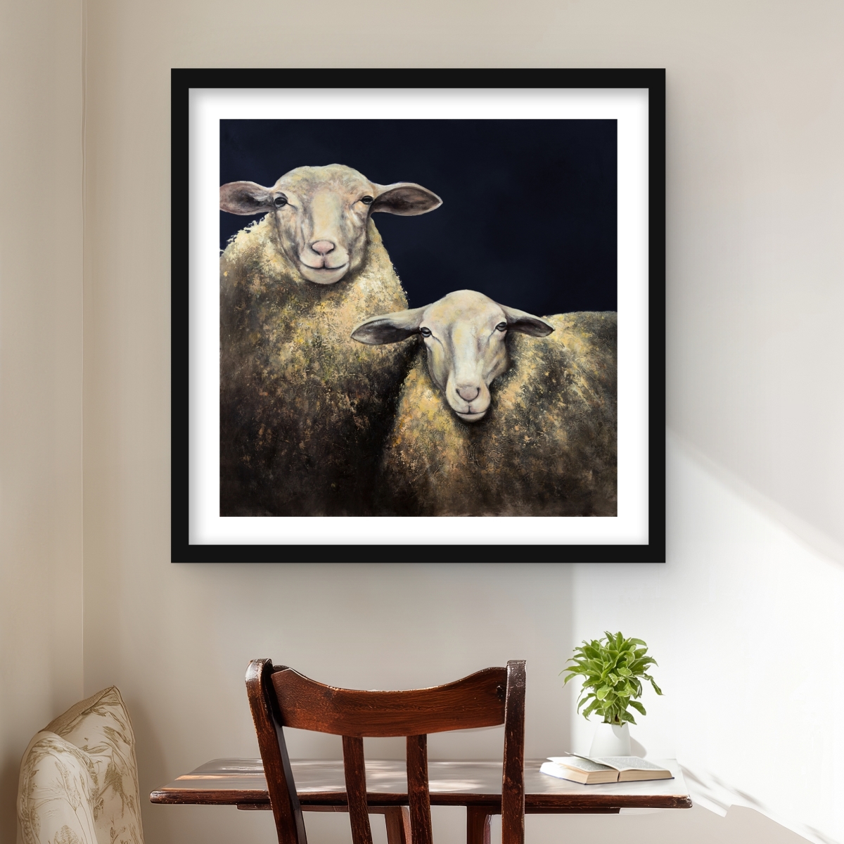 C1FM2424UG1XN9 24 x 24 in. Two Sheep Blue Background - Beige Framed Matted Print Decor
