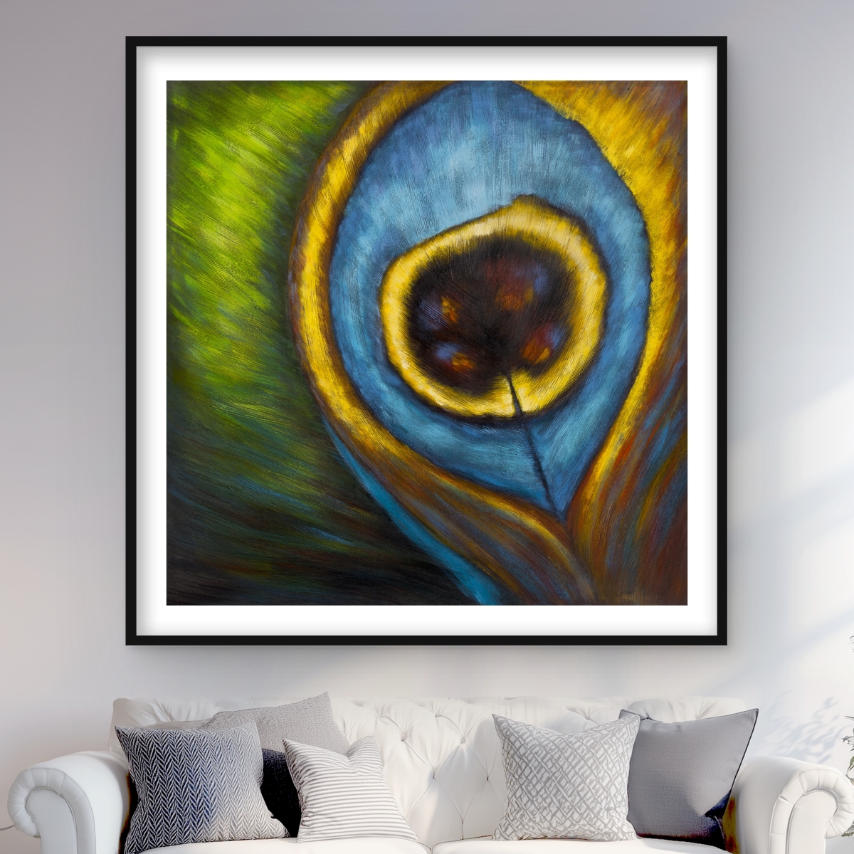 C1FM4848GMM5YL 48 x 48 in. Peacock Feather Closeup - Framed Matted Print for Home Decor