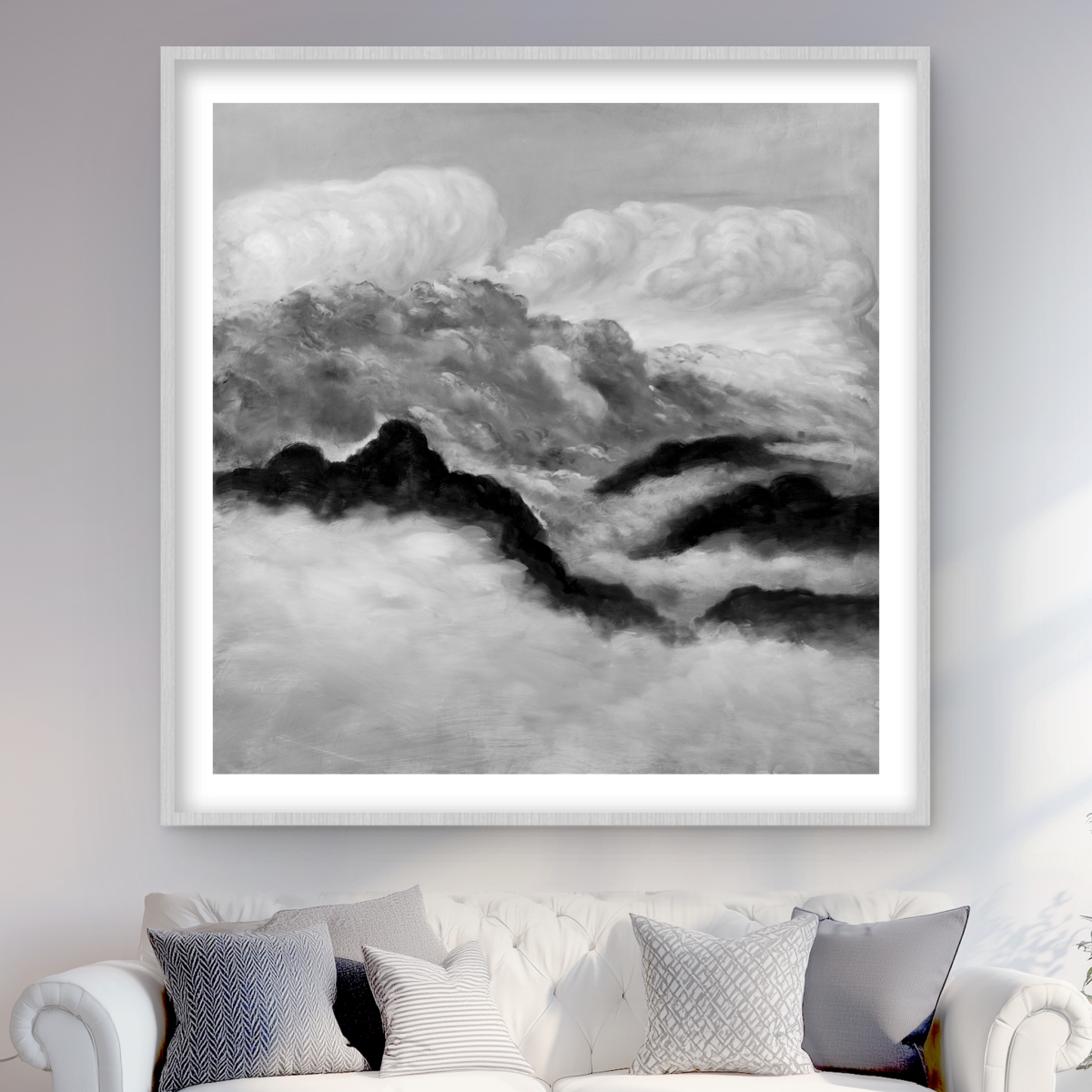 C1FM4848VOUKXJ 48 x 48 in. Gray Clouds - Mountains Bathroom Framed Matted Print Decor