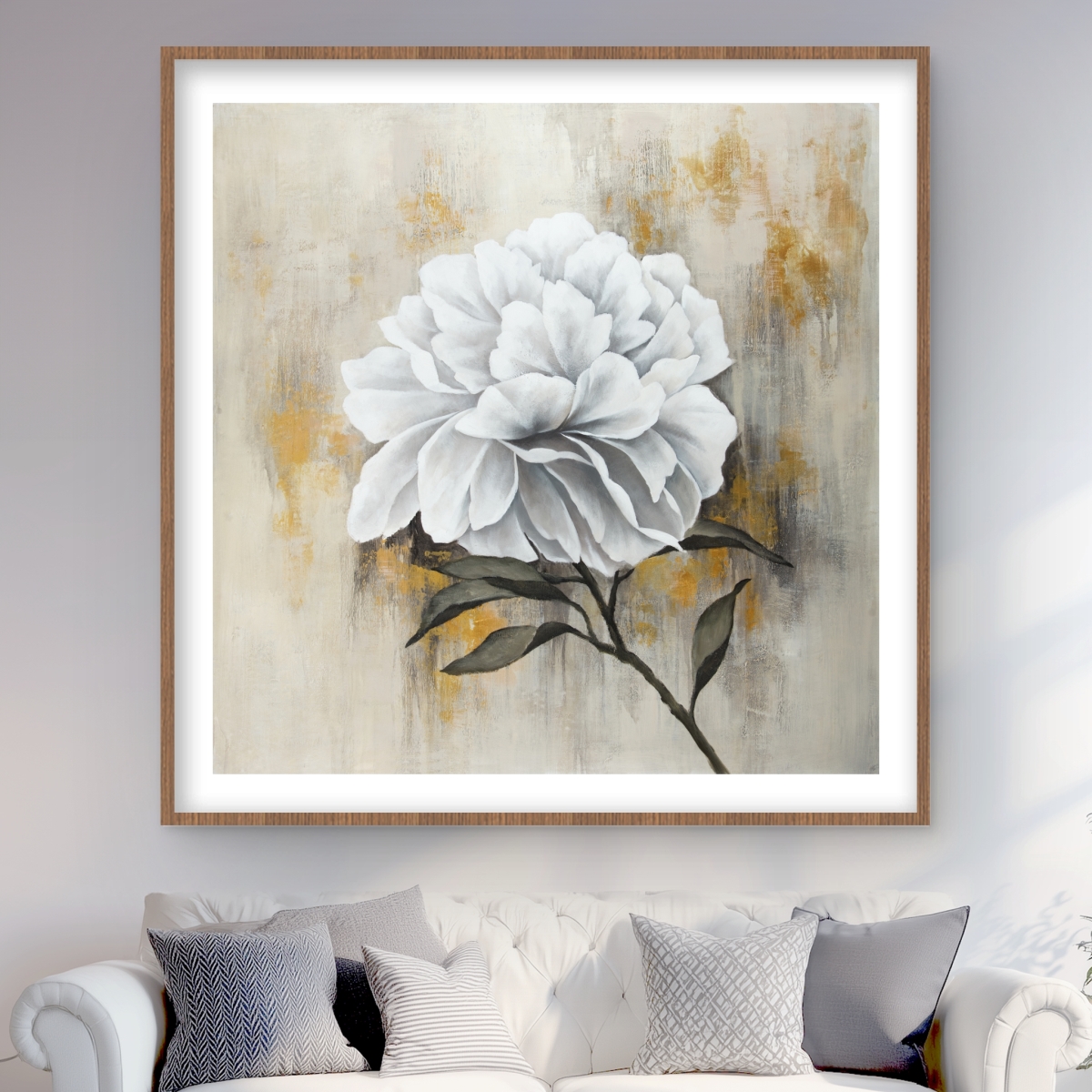 C1FM48489VK5TA 48 x 48 in. White Peony Leaves Rustic Framed Matted Print - Home Decor