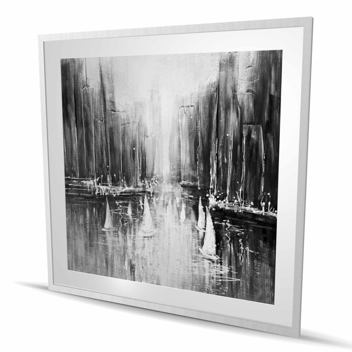 C1FM4848YBLKV0 48 x 48 in. Grayscale Boats on the Water - Coastal Black & White Print