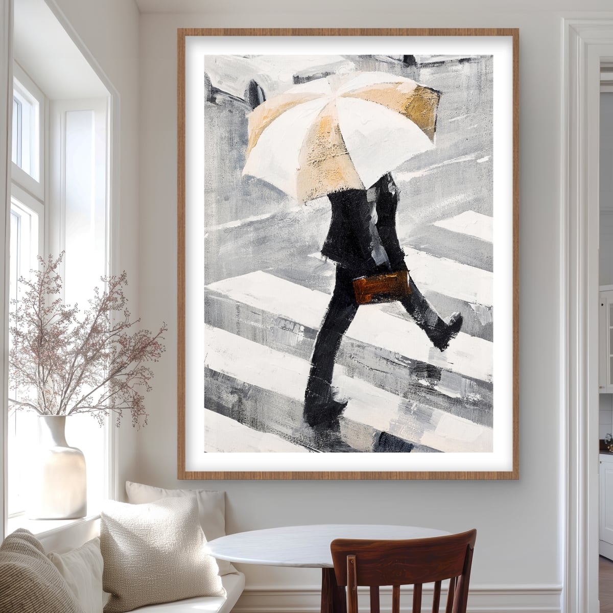 C1FM3648YPBK2A 36 x 48 in. Man Walking with Umbrella - Framed Matted Print for Decor