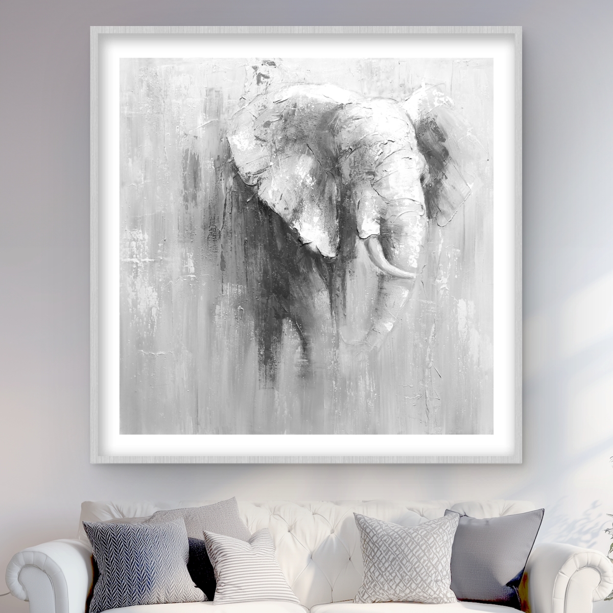 C1FM4848QA6D01 48 x 48 in. Abstract Grayscale Elephant - Gray Framed Matted Print Decor
