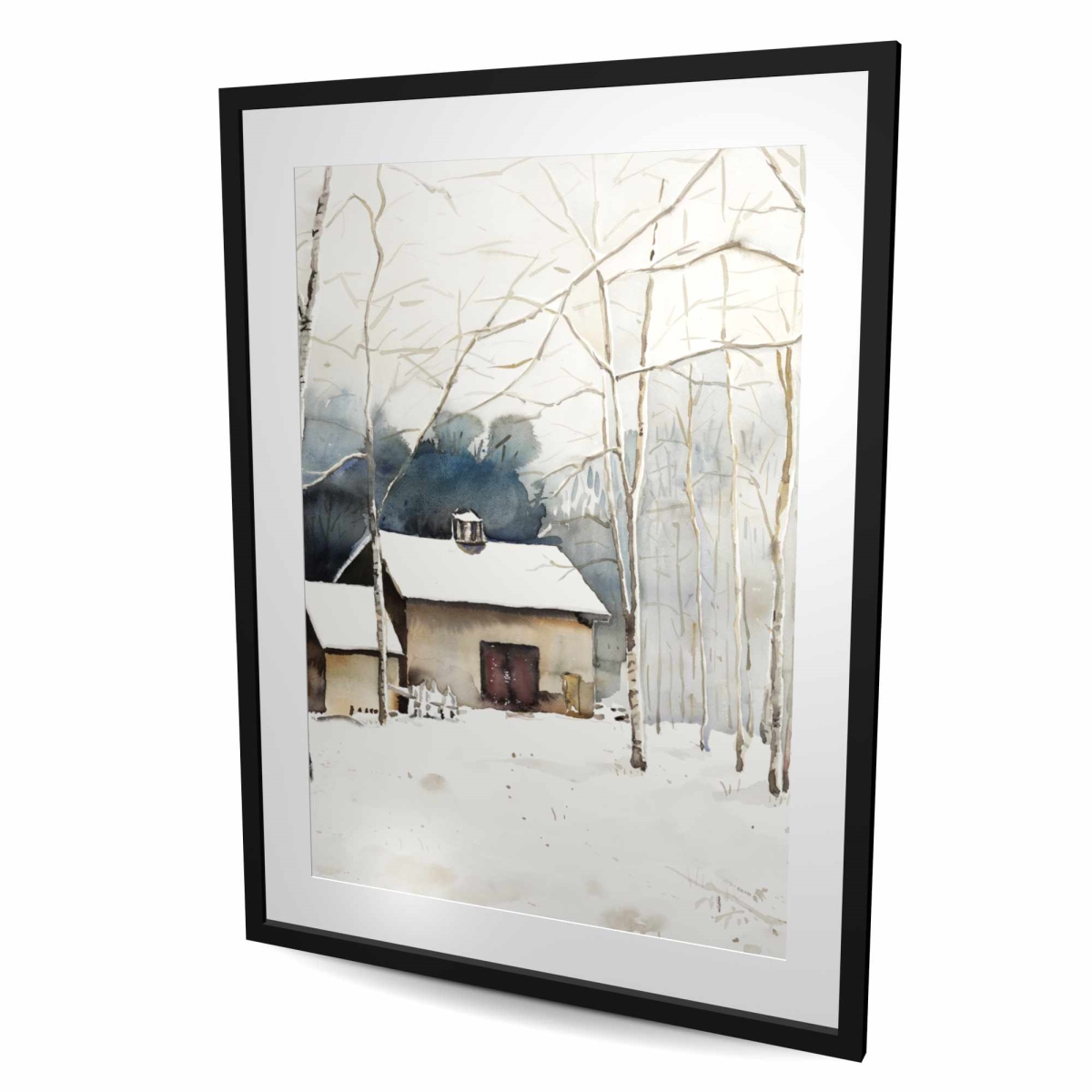 C1FM3648YU7KFM 36 x 48 in. Small Winter Barn - Rustic Trees Framed Matted Print Decor