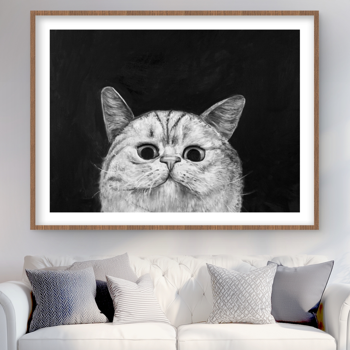 C1FM3648SPB7HZ 36 x 48 in. Watching Cat - Black & White Framed Print for Home Decor