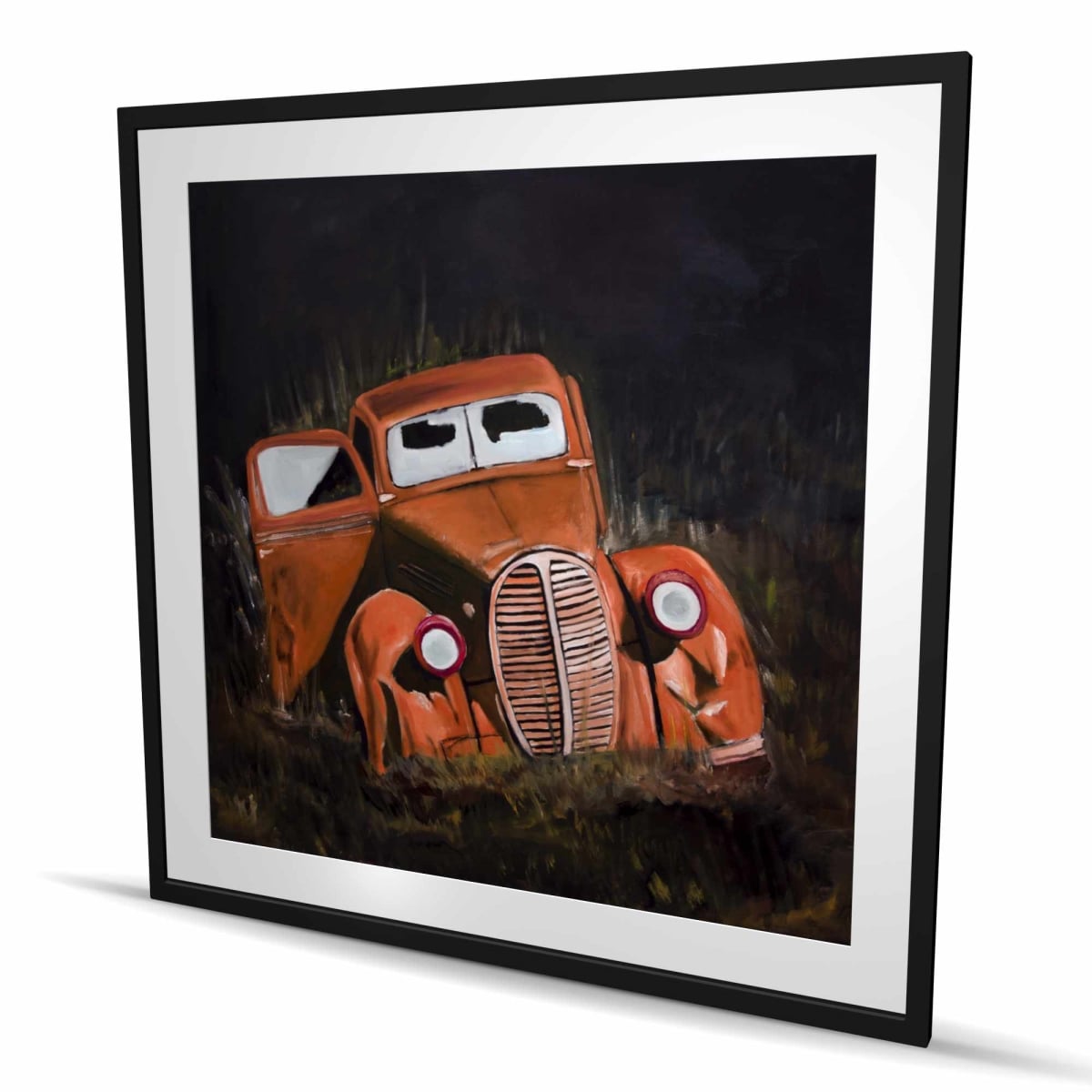 C1FM48484G6SG9 48 x 48 in. Humpy Old Car by Night - Orange Transportation Framed Print