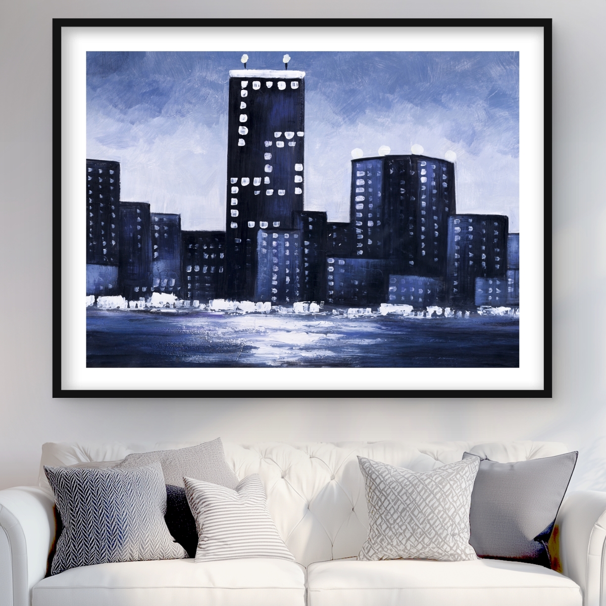 C1FM3648TEE1V8 36 x 48 in. Dark Blue Cityscape - Framed Matted Print for Home Decor