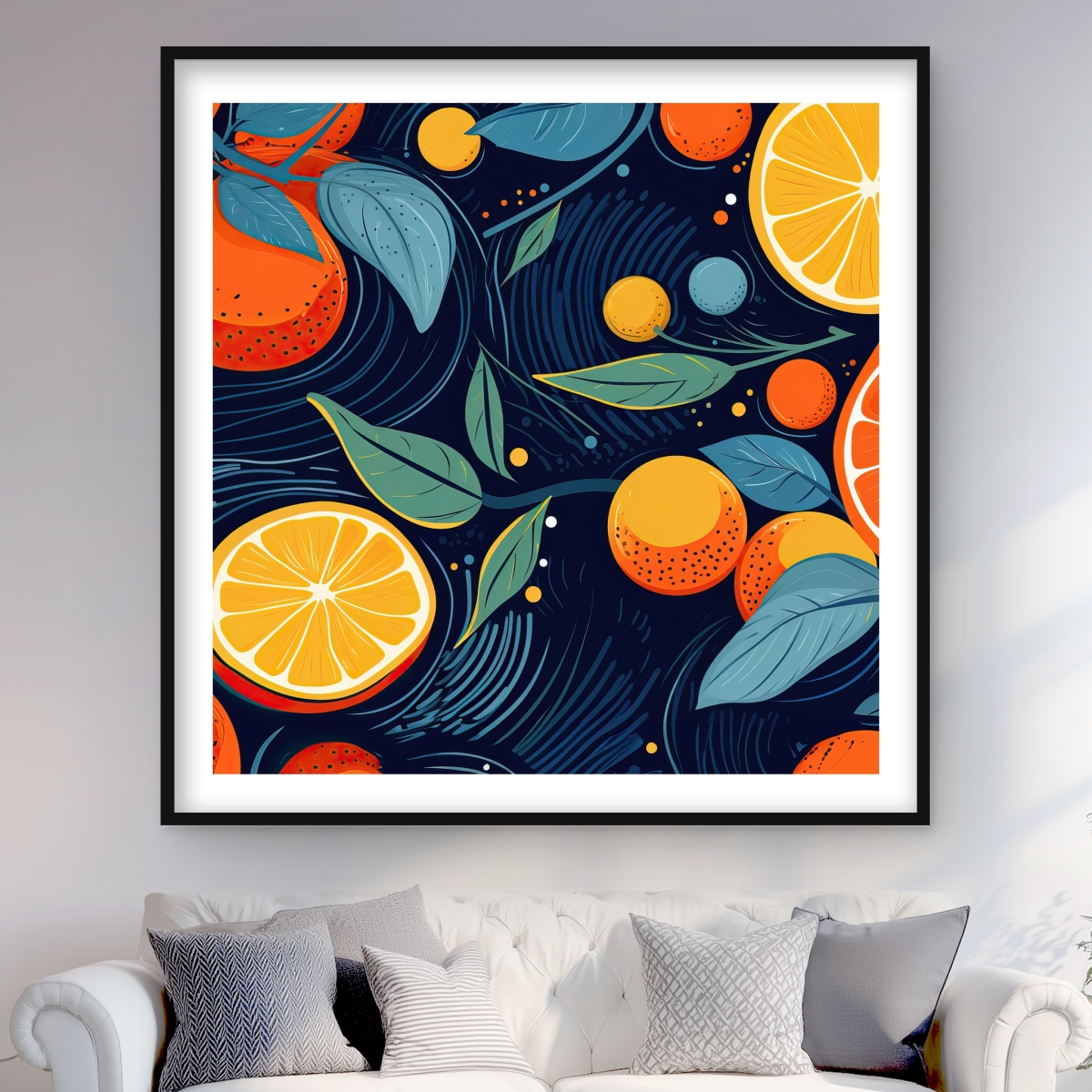 C1FM4848485LIM 48 x 48 in. Floating Citrus - Kitchen Leaves Framed Matted Print Decor