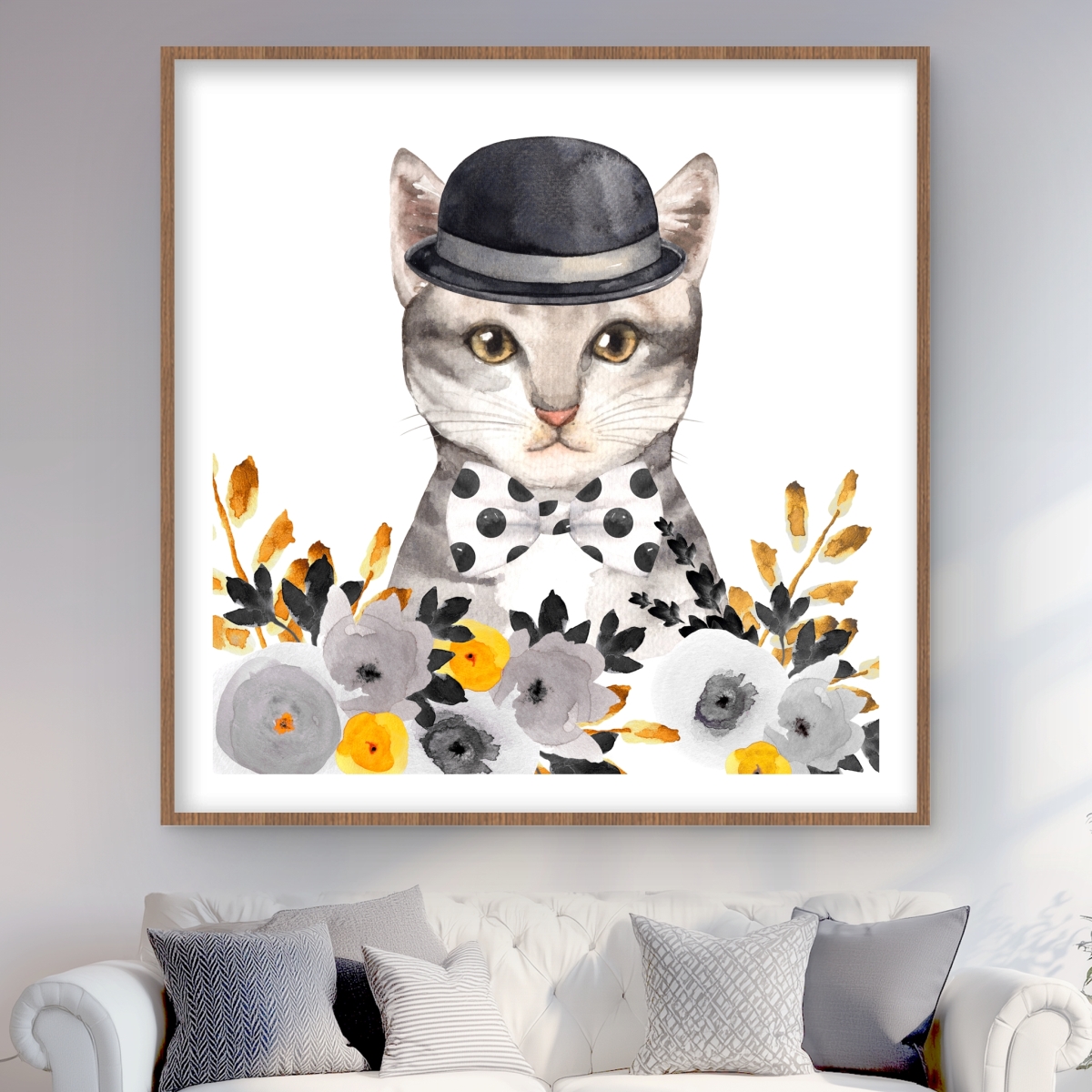 C1FM4848X5RDHR 48 x 48 in. Chic Cat - Yellow Framed Matted Print for Home Decor