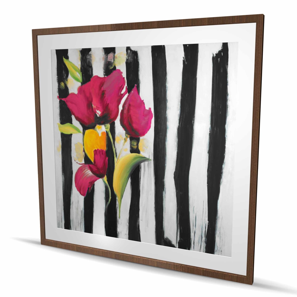 C1FM48480MHHDA 48 x 48 in. Pink Flowers on Black Stripes - Floral Framed Print Decor
