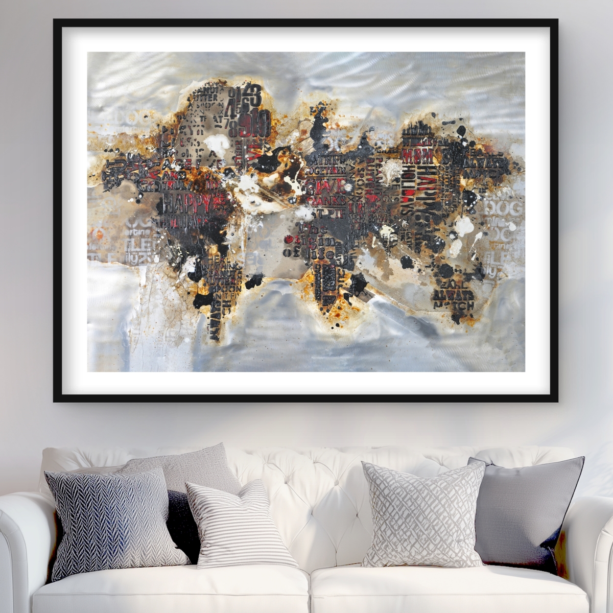 C1FM3648MCLVW4 36 x 48 in. Texturized World Map with Typography - Brown Framed Print