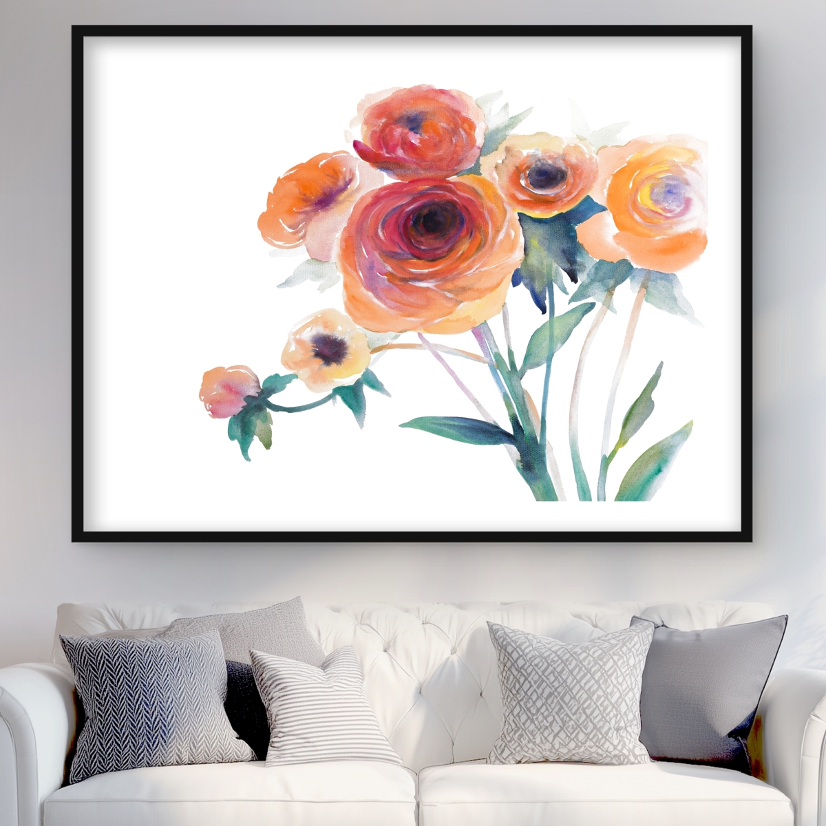 C1FM3648OQHSLG 36 x 48 in. Watercolor Flowers - Orange Floral Framed Matted Print Decor