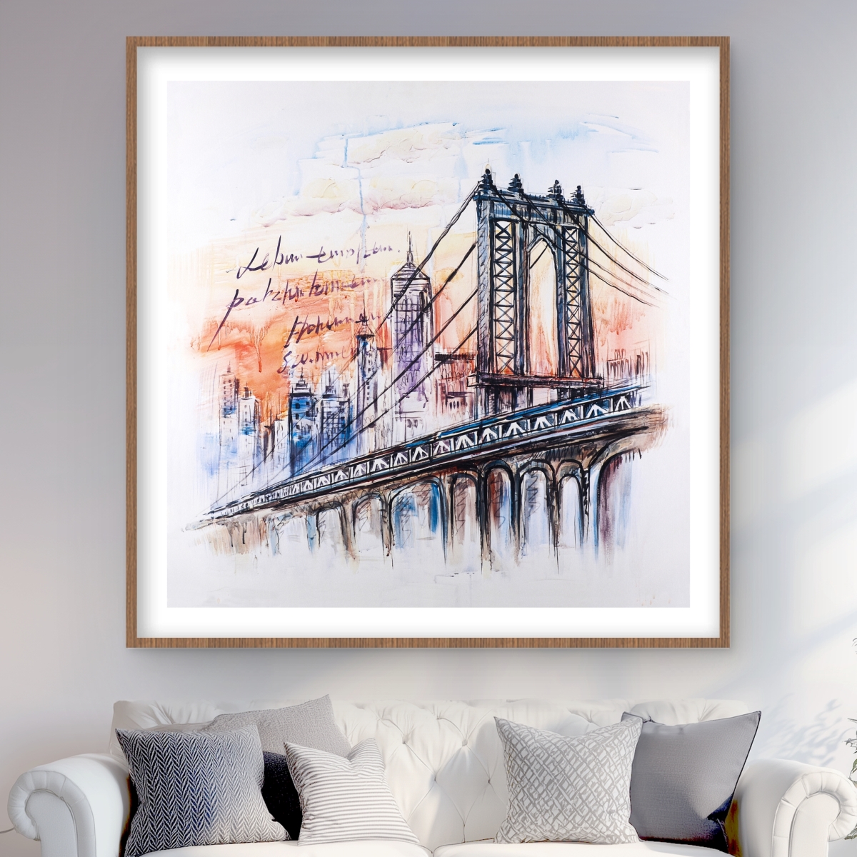 C1FM4848G3SEPC 48 x 48 in. Bridge Sketch - Orange Framed Matted Print for Home Decor