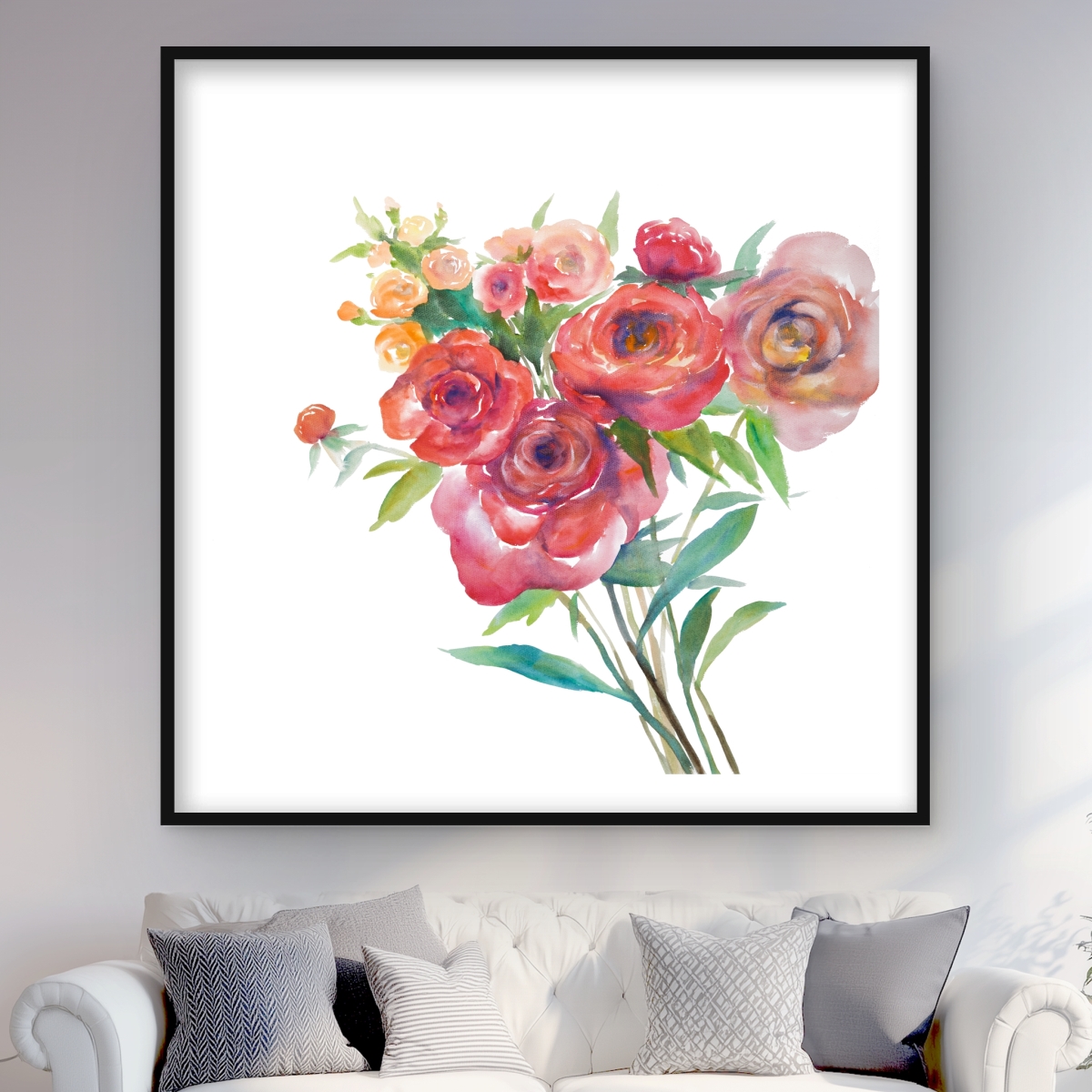C1FM48487MVEVI 48 x 48 in. Watercolor Bouquet of Flowers - Green Framed Matted Print