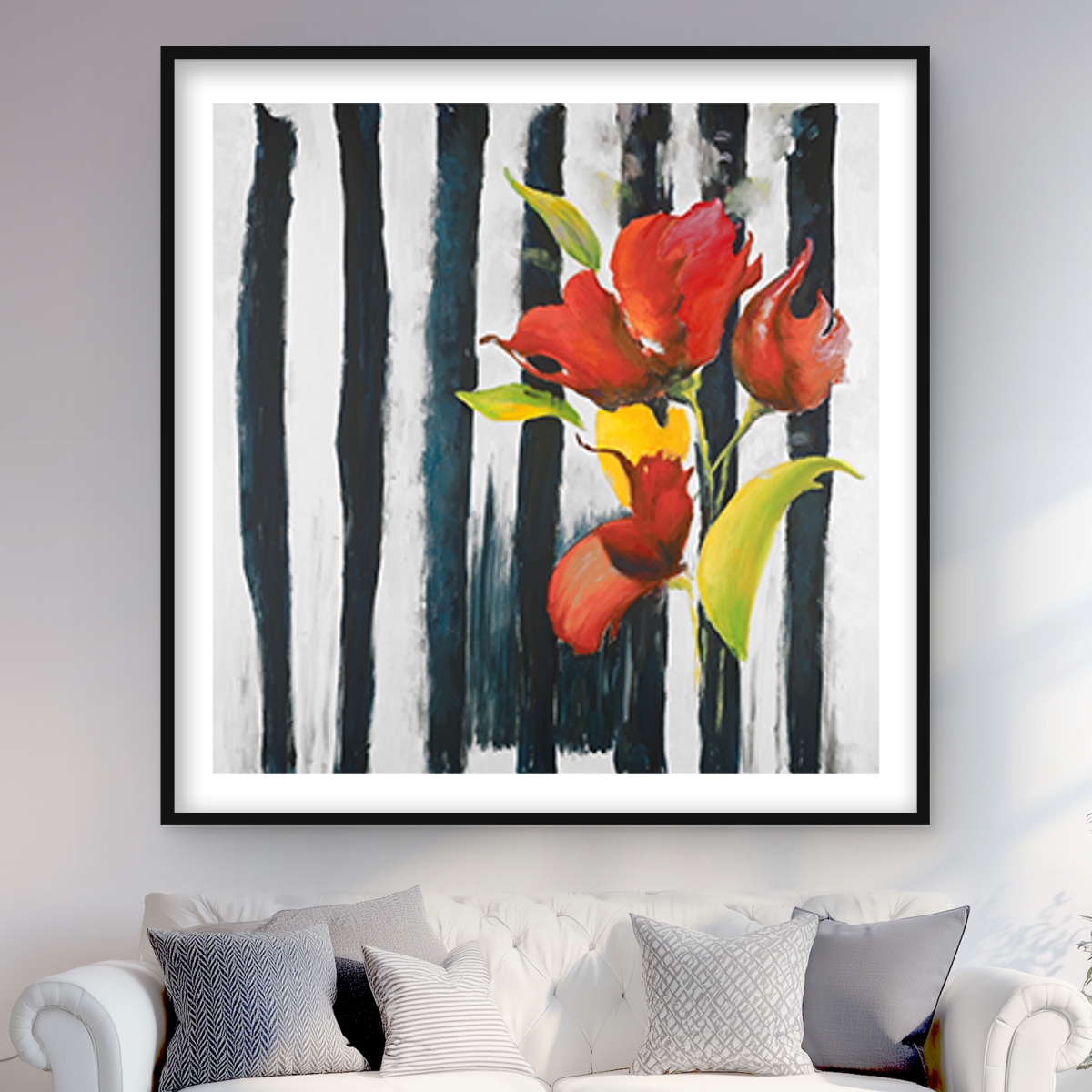 C1FM4848SR6M87 48 x 48 in. Flowers on Black & White Stripes - Office Floral Print