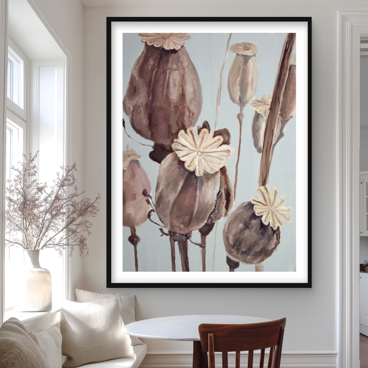 C1FM3648U623ZD 36 x 48 in. Sepia Poppy Head Flowers - White Still Life Framed Print