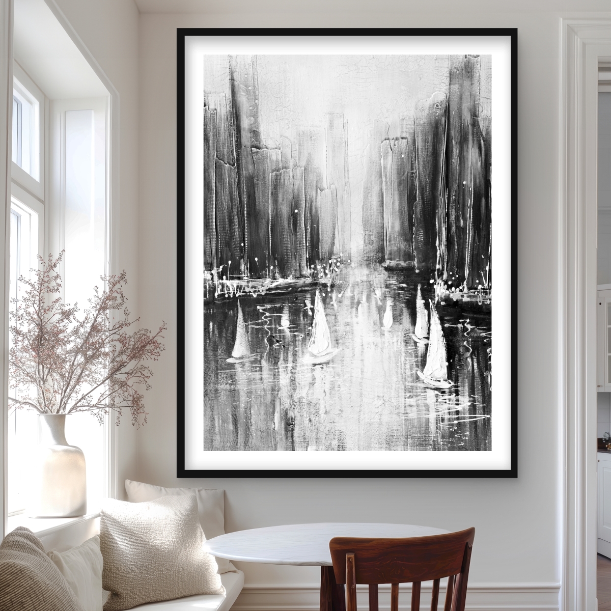 C1FM3648VMO730 36 x 48 in. Grayscale Boats on the Water - Coastal Livingroom Print