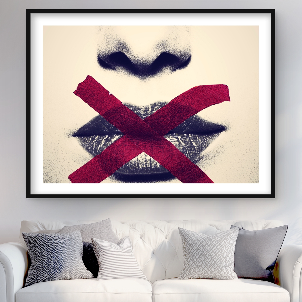 C1FM3648HLD9DP 36 x 48 in. Grayscale Lips with Red X - Beige Figurative Framed Print