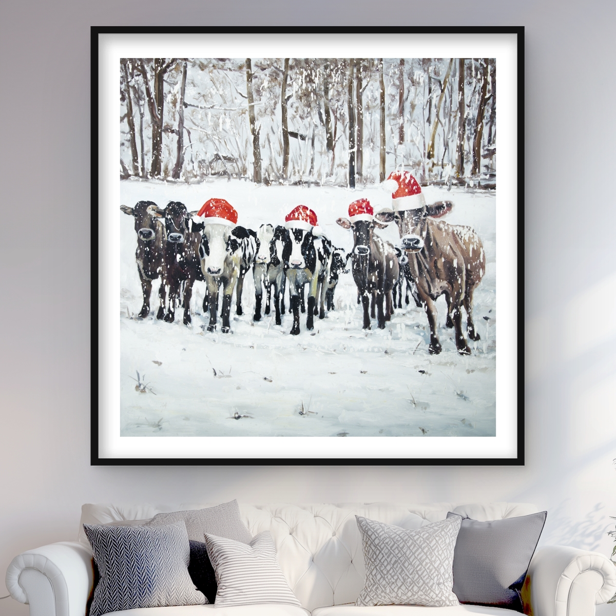 C1FM4848QDBOHA 48 x 48 in. Curious Christmas Cows - Framed Matted Print for Home Decor