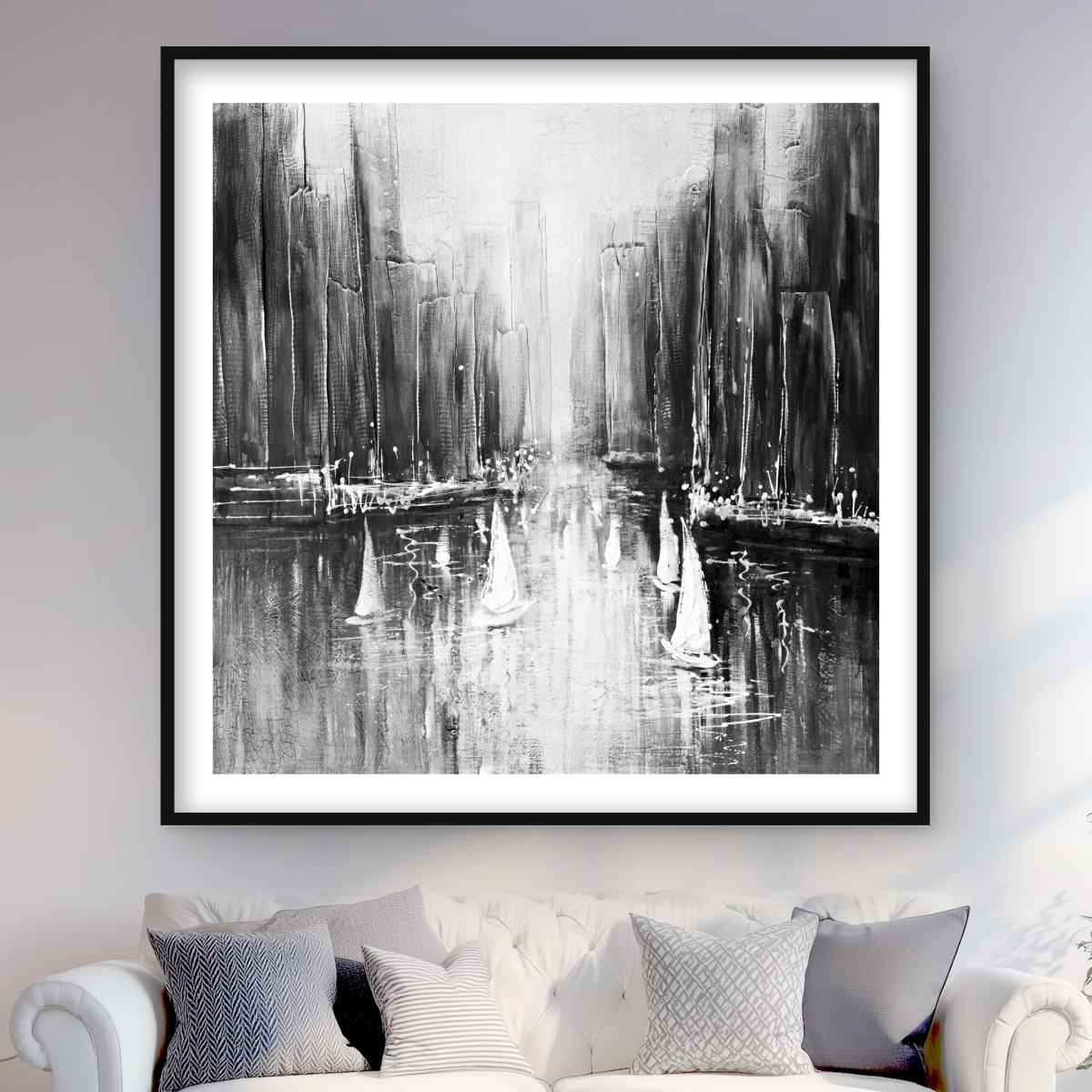 C1FM4848AA3JS3 48 x 48 in. Grayscale Boats on the Water - Coastal Bedroom Framed Print