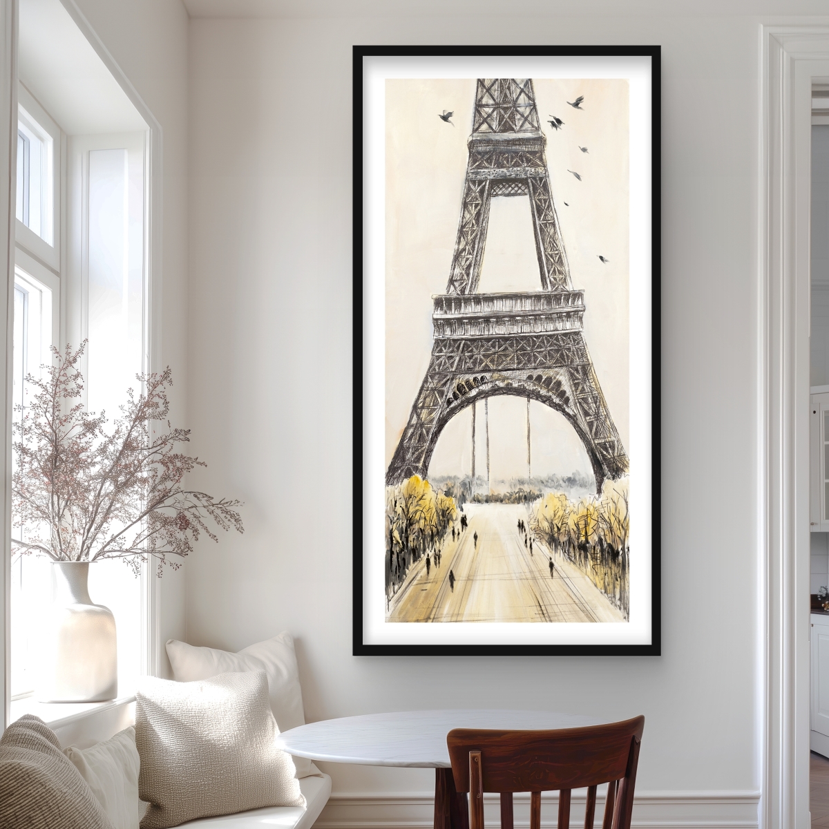C1FM2448OLU4D7 24 x 48 in. Eiffel Tower with Flying Birds - Framed Matted Print Decor