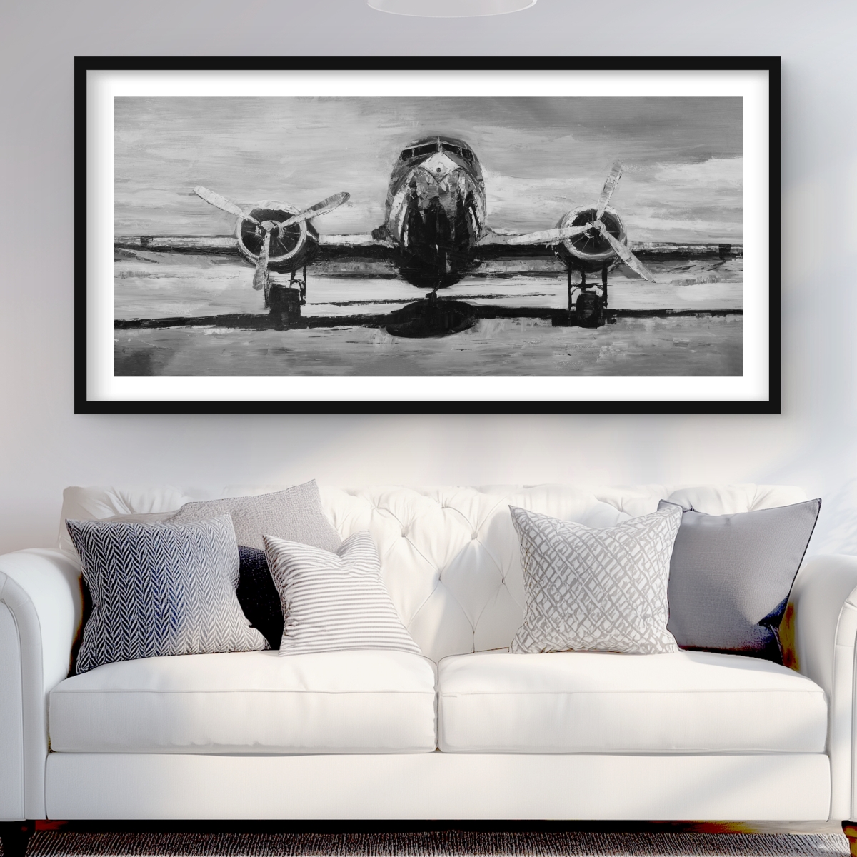 C1FM2448TVM9I1 24 x 48 in. Grayscale Plane - Office White Framed Matted Print for Decor