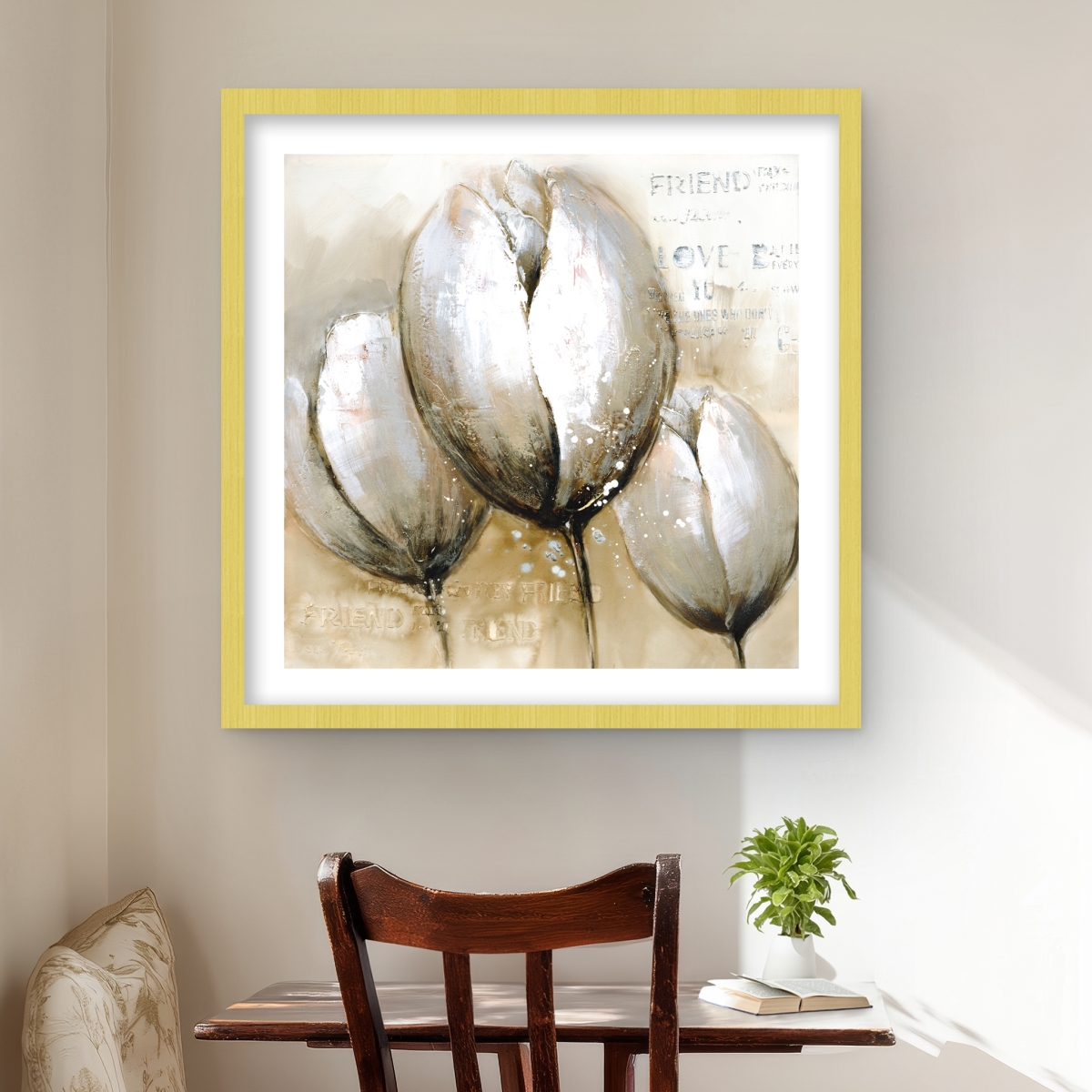 C1FM2424TB4H3A 24 x 24 in. Three Tulips with Typography - Beige Framed Matted Print