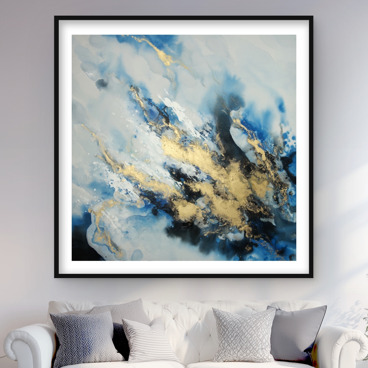 C1FM4848A5MV9S 48 x 48 in. Blue Marble Abstract Modern Framed Matted Print - Home Decor