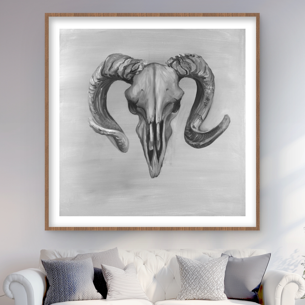 C1FM48489GB64J 48 x 48 in. Grayscale Aries Skull - Framed Matted Print for Home Decor