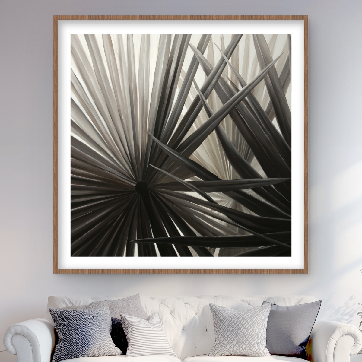 C1FM48488XEP97 48 x 48 in. Grayscale Tropical Plants - Beige Floral Matted Print Decor
